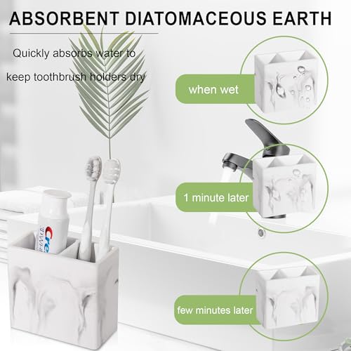 Heagoale Diatomite Toothbrush Holder 2 Slots Tooth Brush Holder for Bathroom, Kids Electric Toothbrush and Toothpaste Organizer for Countertop, Shower, Vanity, Marble White - Image 3
