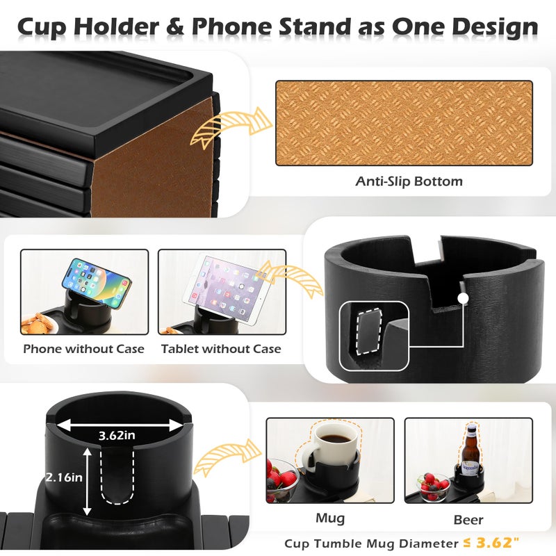 BAMTRAY Couch Cup Holder Tray, 15.75" Bamboo Cup Holder for Couch, 3 in 1 Foldable Arm Chair Clip on Side Tray Table for Remote Snack Table on Armrest - Image 4