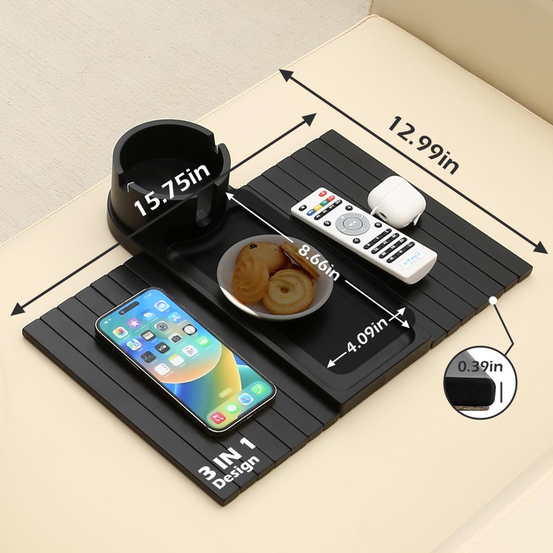 BAMTRAY Couch Cup Holder Tray, 15.75" Bamboo Cup Holder for Couch, 3 in 1 Foldable Arm Chair Clip on Side Tray Table for Remote Snack Table on Armrest - Image 5