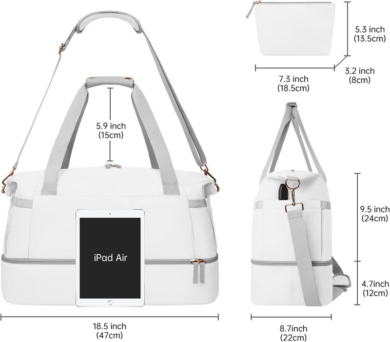XBEY Gym Bag for Women, Personal Item Travel Duffel Bag with Shoes Compartment, Weekender Overnight Bag with Wet Pocket & USB Charging Port, Carry On Bag for Women, Travel, Gym, Weekend (White) - Image 2