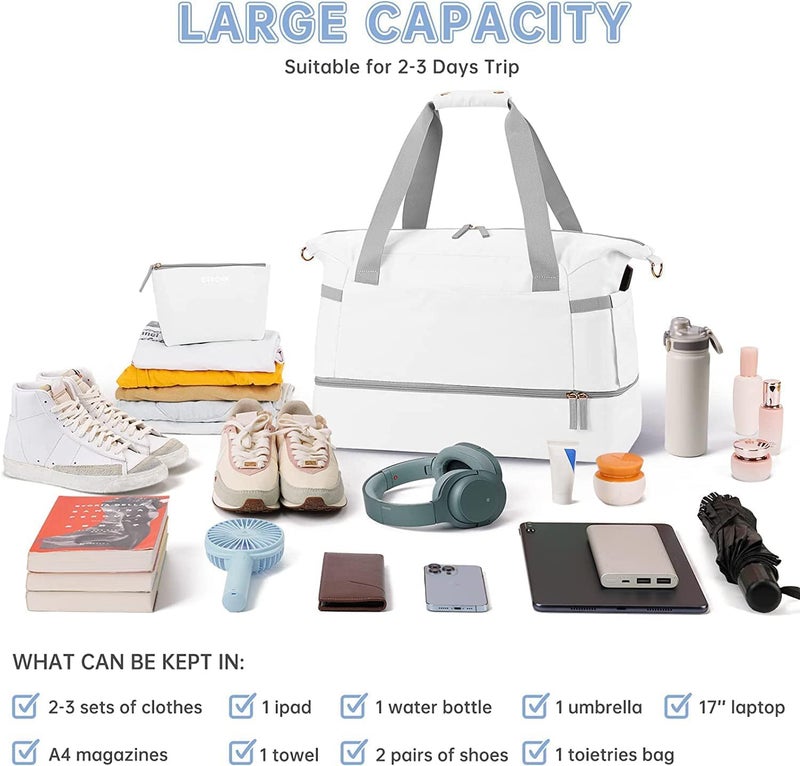 XBEY Gym Bag for Women, Personal Item Travel Duffel Bag with Shoes Compartment, Weekender Overnight Bag with Wet Pocket & USB Charging Port, Carry On Bag for Women, Travel, Gym, Weekend (White) - Image 5