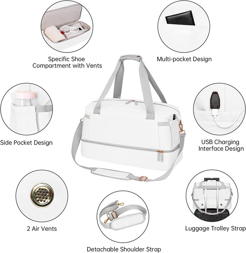 XBEY Gym Bag for Women, Personal Item Travel Duffel Bag with Shoes Compartment, Weekender Overnight Bag with Wet Pocket & USB Charging Port, Carry On Bag for Women, Travel, Gym, Weekend (White) - Image 3