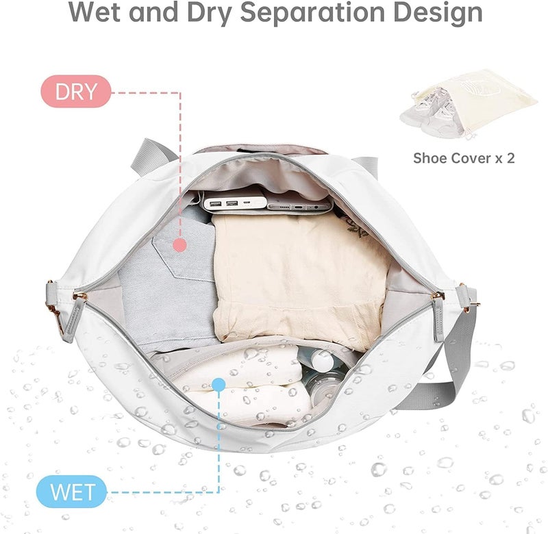 XBEY Gym Bag for Women, Personal Item Travel Duffel Bag with Shoes Compartment, Weekender Overnight Bag with Wet Pocket & USB Charging Port, Carry On Bag for Women, Travel, Gym, Weekend (White) - Image 4