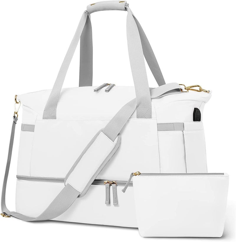 XBEY Gym Bag for Women, Personal Item Travel Duffel Bag with Shoes Compartment, Weekender Overnight Bag with Wet Pocket & USB Charging Port, Carry On Bag for Women, Travel, Gym, Weekend (White) - Image 1