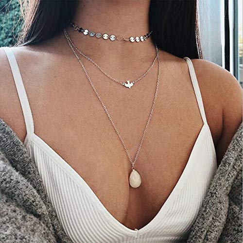 Chmier Bohemia Layered Choker Necklace Gold Disc Choker Dove Necklace Gemstone Necklace Pigeon Gem Charm Pendant Necklace Peace Jewelry for Women - Image 2