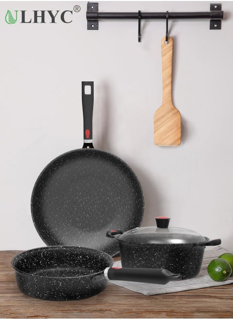 5-piece non-stick cookware set Wok and pan Fenite non-stick surface Bakelite handle Glass lid PFOA-free, black and Fenite 30+24+24+28 cm