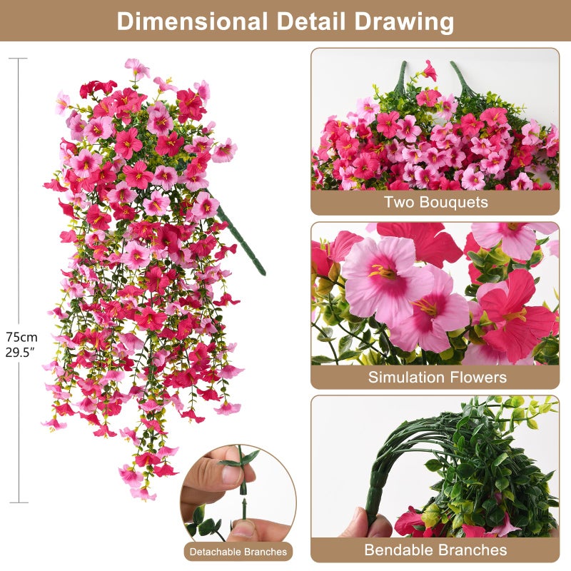ZFProcess Artificial Hanging Flowers Plants for Outdoor Spring Summer Decoration, 2PCS Faux Silk Morning glory UV Resistant Look Real for Outside Home Indoor Planter Porch Garden Yard Decor(Rose Red Pink) - Image 2