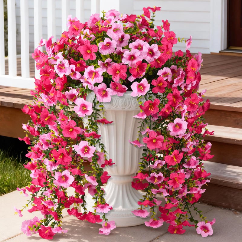 ZFProcess Artificial Hanging Flowers Plants for Outdoor Spring Summer Decoration, 2PCS Faux Silk Morning glory UV Resistant Look Real for Outside Home Indoor Planter Porch Garden Yard Decor(Rose Red Pink) - Image 1