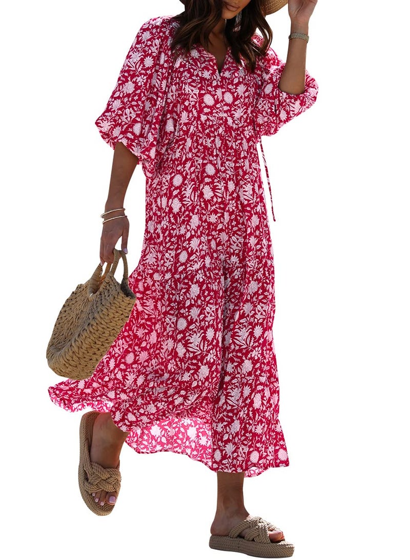 miduo Womens Maxi Dress Summer Fashion Loose V Neck Short 1/2 Sleeve Floral Printed Garden Long Maxi Dresses Ankle Length M - Image 1