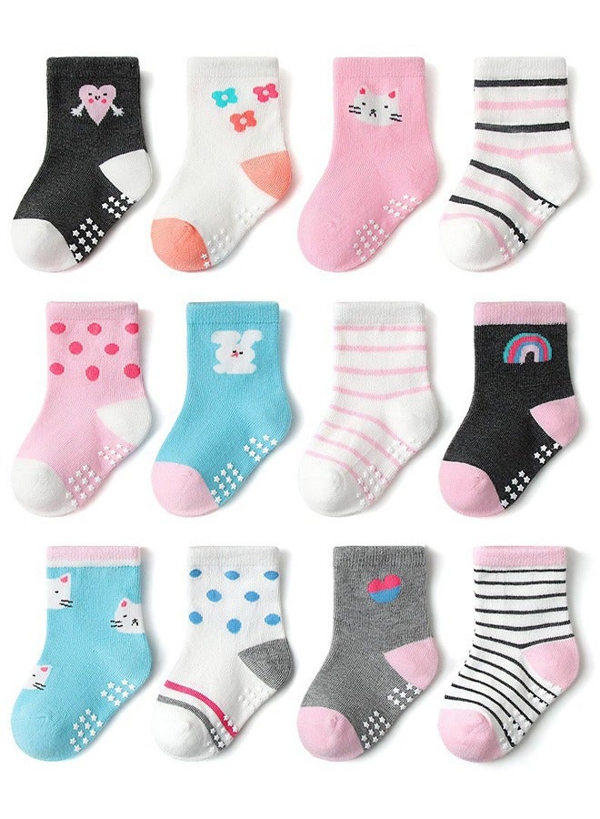 12 Pairs Of Cotton Non-Slip Striped Baby Socks for Kids Boys Socks Girls' Socks Multicolor  - Image 1