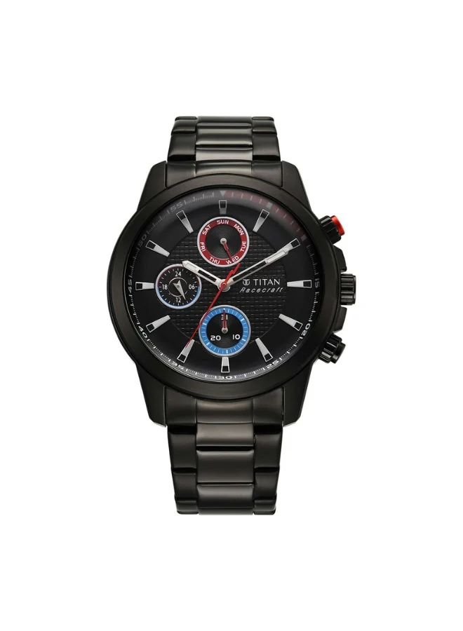 تيتان Racecraft Quartz Multifunction Black Dial Black Stainless Steel Strap Watch for Men - 90152KM01