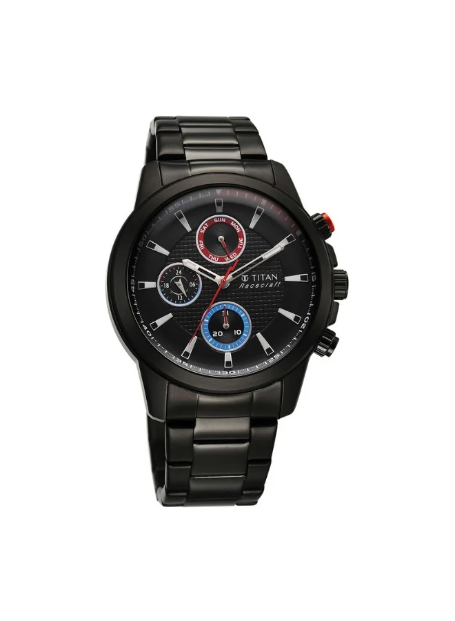 تيتان Racecraft Quartz Multifunction Black Dial Black Stainless Steel Strap Watch for Men - 90152KM01