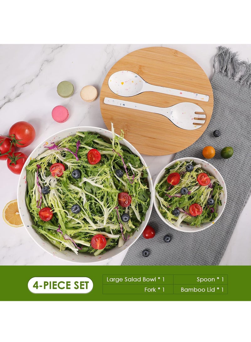 Arabest Clean  Large Salad and Serving Bowl with Bamboo Wood Lid and Servers 4pc set Bamboo Fiber Pasta Bowls and Utensils with Wooden Cutting Board Tops (White) - Image 4