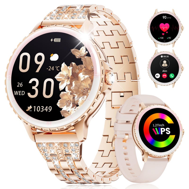 SUNKTA Smart Watch for Women (Answer/Make Call),1.27" Curved Displayâ€‹ Smartwatch with Female Cycle/Sleep Monitor,5ATM Waterproof Fitness Tracker 100 Sport Modes Pedometer for Android/iOS,Gold Diamond - Image 1