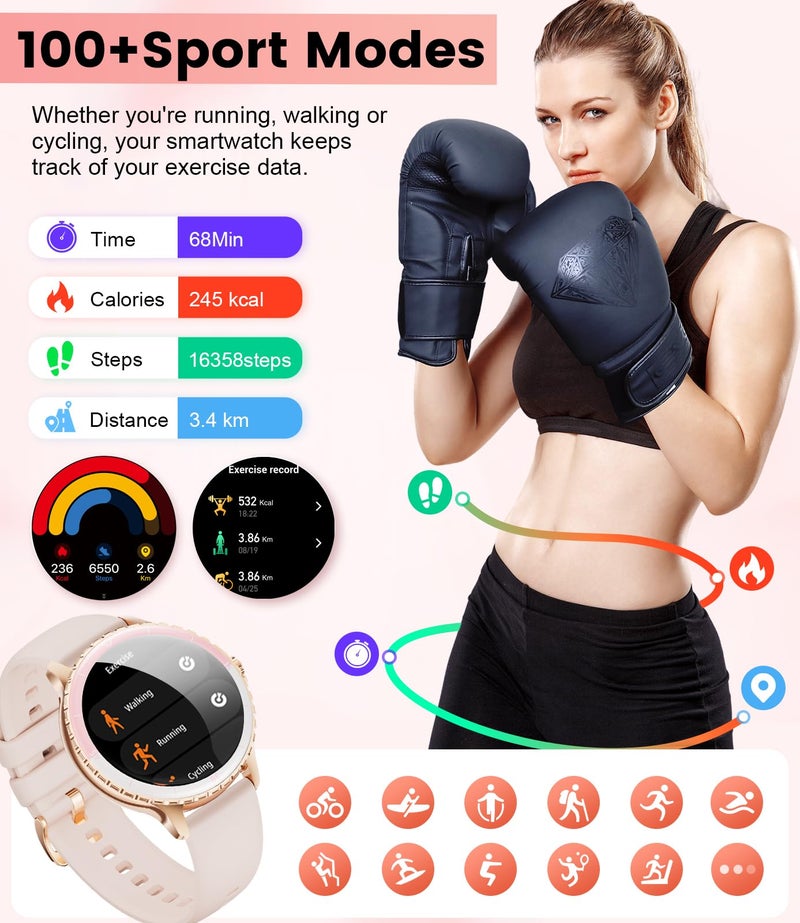 SUNKTA Smart Watch for Women (Answer/Make Call),1.27" Curved Displayâ€‹ Smartwatch with Female Cycle/Sleep Monitor,5ATM Waterproof Fitness Tracker 100 Sport Modes Pedometer for Android/iOS,Gold Diamond - Image 4