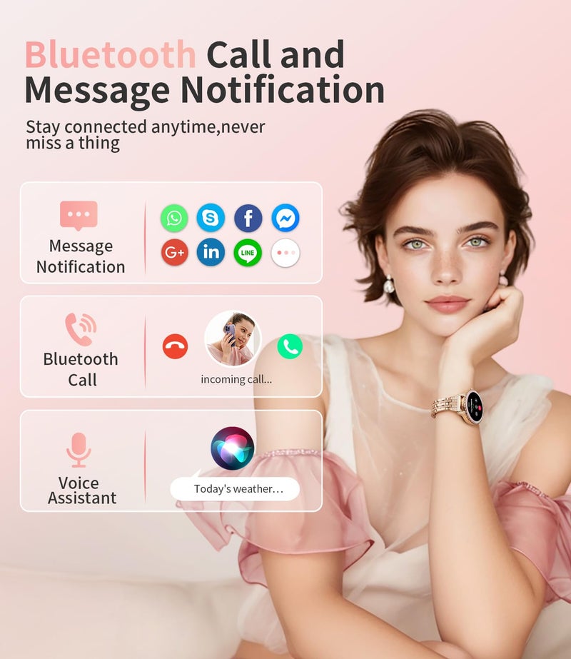 SUNKTA Smart Watch for Women (Answer/Make Call),1.27" Curved Displayâ€‹ Smartwatch with Female Cycle/Sleep Monitor,5ATM Waterproof Fitness Tracker 100 Sport Modes Pedometer for Android/iOS,Gold Diamond - Image 3