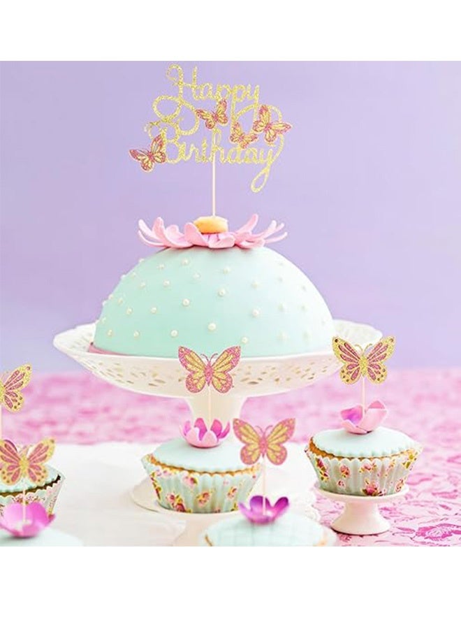 13 قطعة من زينة الكيك على شكل فراشة باللون الذهبي الوردي 3D زينة كيك عيد ميلاد سعيد باللون الوردي زينة كيك عيد ميلاد زينة كب كيك على شكل فراشة للفتيات والنساء فراشات للحفلات كيك الزفاف ديكور - Image 4