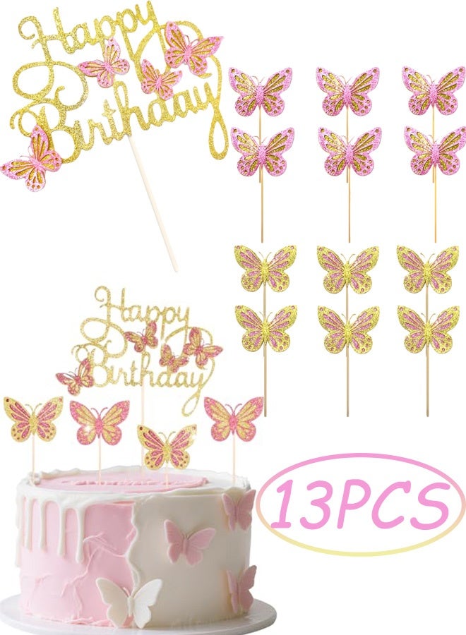 13 قطعة من زينة الكيك على شكل فراشة باللون الذهبي الوردي 3D زينة كيك عيد ميلاد سعيد باللون الوردي زينة كيك عيد ميلاد زينة كب كيك على شكل فراشة للفتيات والنساء فراشات للحفلات كيك الزفاف ديكور - Image 1