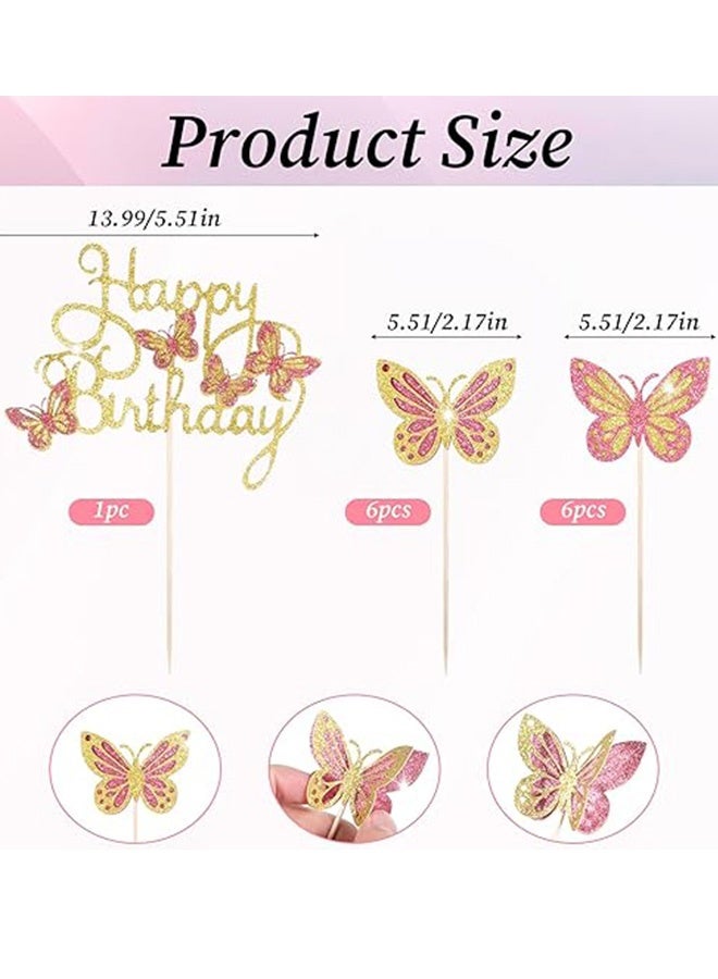 13 قطعة من زينة الكيك على شكل فراشة باللون الذهبي الوردي 3D زينة كيك عيد ميلاد سعيد باللون الوردي زينة كيك عيد ميلاد زينة كب كيك على شكل فراشة للفتيات والنساء فراشات للحفلات كيك الزفاف ديكور - Image 2