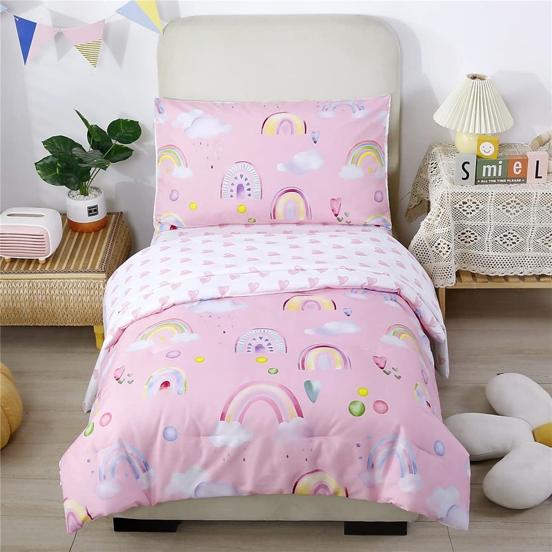 URBONUR 4Piece Toddler Bedding Set  Ultra Soft Colorful Rainbow Cloud Pink Girls Toddler Comforter Set  Include Comforter Flat Sheet Fitted Sheet and Reversible Pillowcase