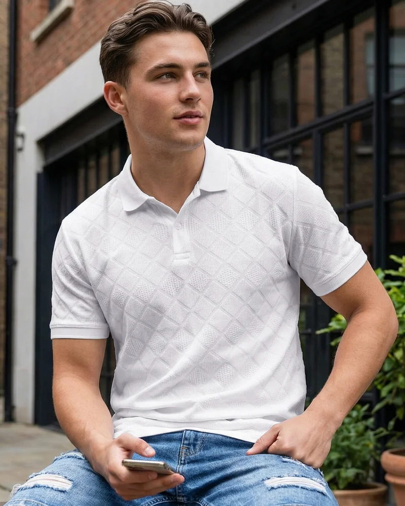 بيواكوف Men's Brilliant White Textured Polo T-shirt