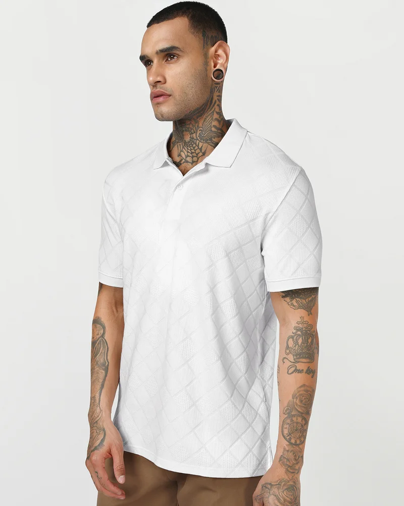 بيواكوف Men's Brilliant White Textured Polo T-shirt