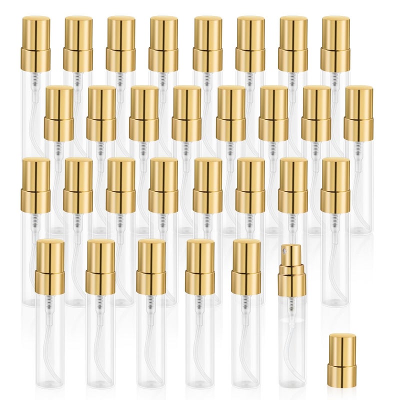 Mirrline 30 Pcs 5ml/0.17oz Mini Spray Bottle Glass Fine Mist Perfume Atomizer Empty Sample Containers with Golden Lids for Travel Cleaning Essential Oils - Image 1