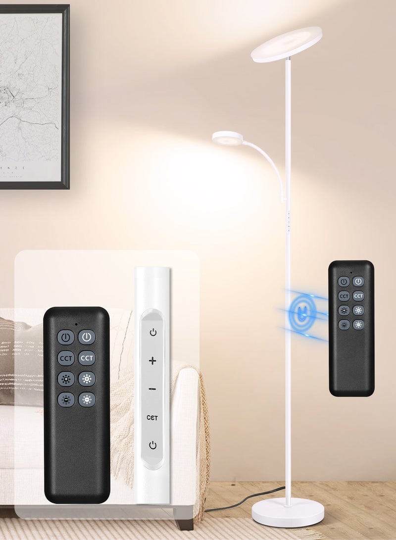 OUTON مصابيح أرضية LED موجهة للأعلى قابلة للتعديل وقابلة للدوران، مزودة بمصباحين لغرفة المعيشة مع جهاز تحكم عن بعد، 4 درجات حرارة لونية، مصباح قائم بقدرة 27 واط (رئيسي) و7 واط (جانبي للقراءة) لغرفة المعيشة، 100-240 فولت، 8-15 متر، هيكل معدني - Image 1