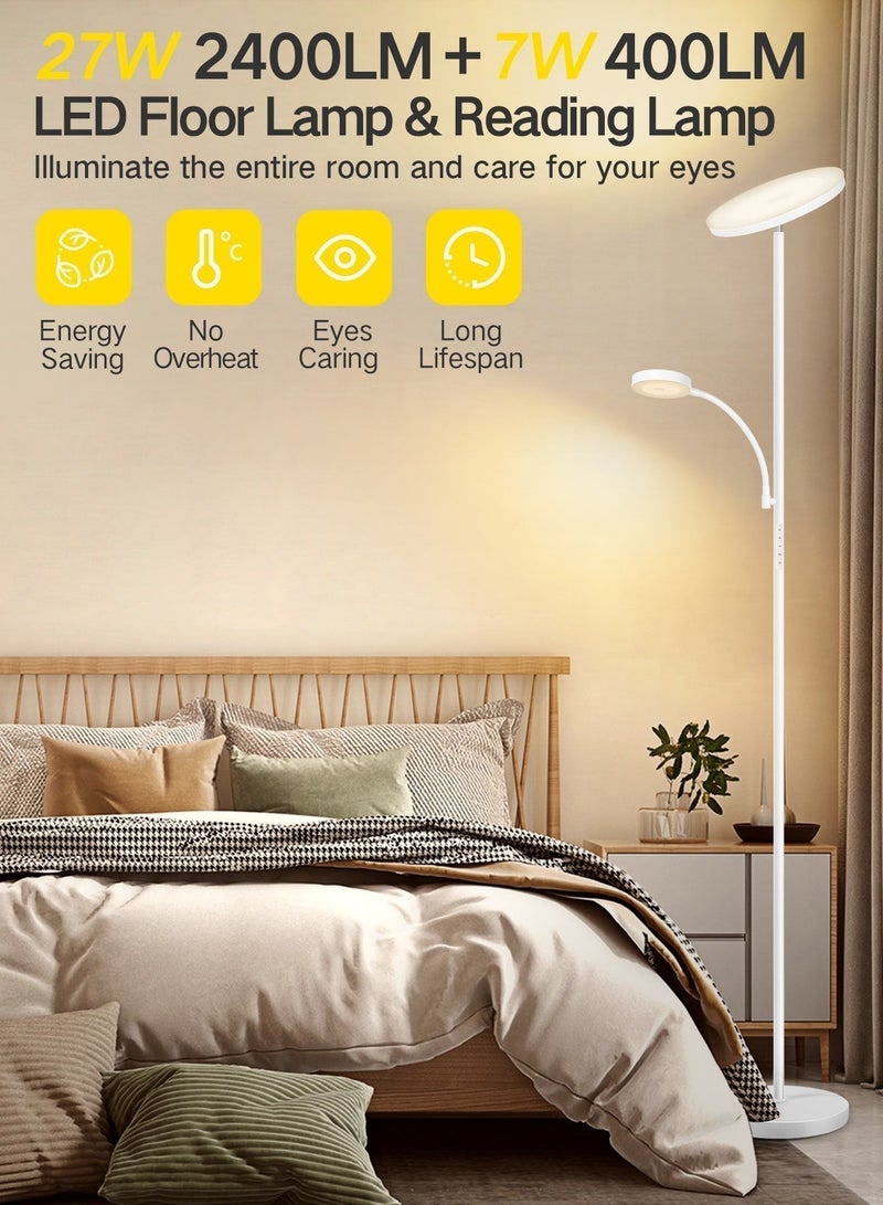 OUTON مصابيح أرضية LED موجهة للأعلى قابلة للتعديل وقابلة للدوران، مزودة بمصباحين لغرفة المعيشة مع جهاز تحكم عن بعد، 4 درجات حرارة لونية، مصباح قائم بقدرة 27 واط (رئيسي) و7 واط (جانبي للقراءة) لغرفة المعيشة، 100-240 فولت، 8-15 متر، هيكل معدني - Image 2