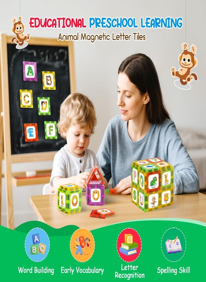 Windidi Magnetic Tiles Letters Learning Toys, Animals Alphabet ABC Magnets for Kids 1-3 2-4 3-5 4-8, Toddlers Classroom Must Haves 48PCS Stacking Toys, Homeschool Essentials for Preschool Spelling Game - Image 2