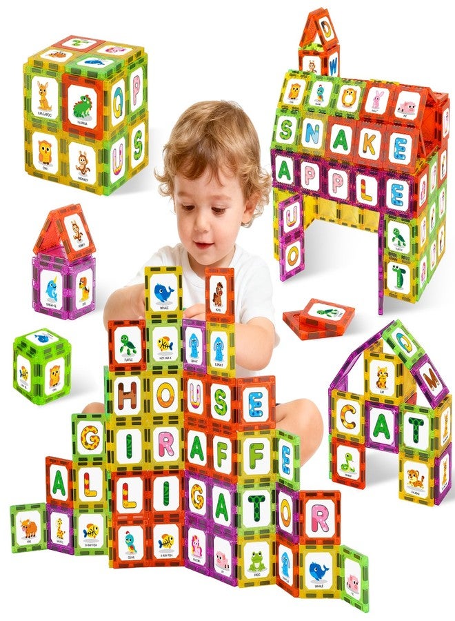 Windidi Magnetic Tiles Letters Learning Toys, Animals Alphabet ABC Magnets for Kids 1-3 2-4 3-5 4-8, Toddlers Classroom Must Haves 48PCS Stacking Toys, Homeschool Essentials for Preschool Spelling Game - Image 1