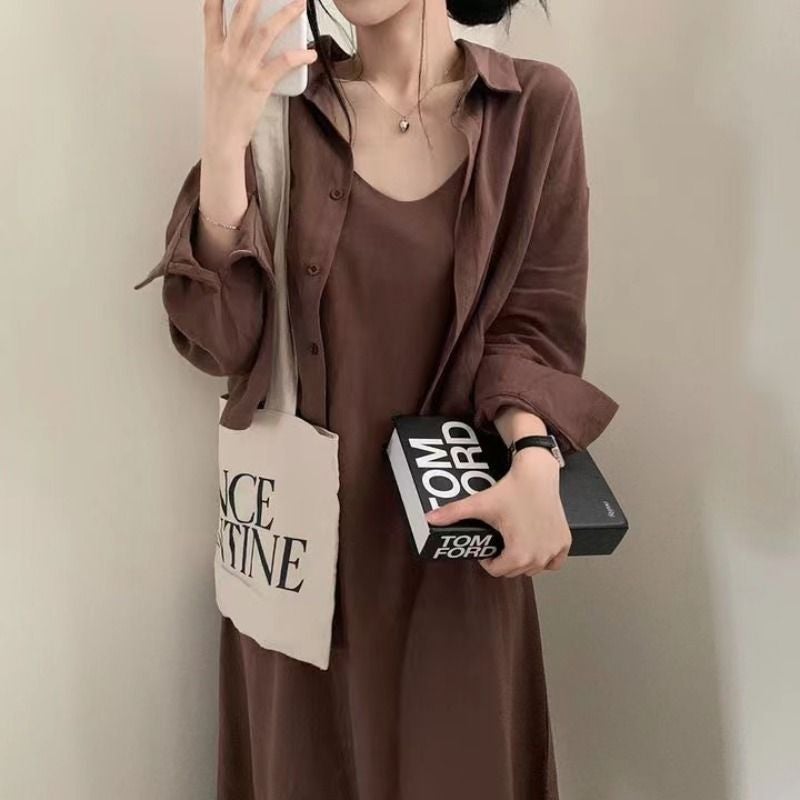 Korean Style Chic Spring & Fall French Retro Elegant Age-Reducing Suspender Dress + Shirt Jacket Two-Piece Set For Women - Image 2