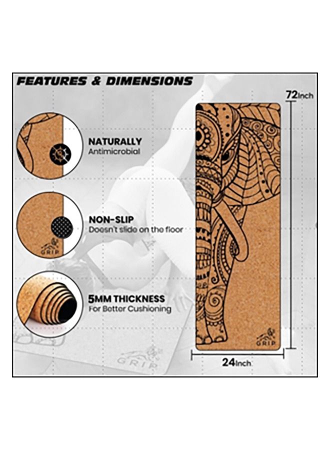 Grip Premium 5Mm Natural Cork Yoga Mat Non Slip & Eco Friendly Fitness Mat Non Toxic Workout Mat With Carrying Strap For Outdoor Yoga Pilates & Exercise - Elephant Design (72 X 24 Inch) - Image 4