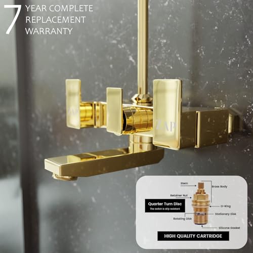 ZAP Skoda Full Brass Gold Plated 2-in-1 Wall Mixer with Provision for Overhead Shower & Long Bend Pipe | Luxury Bathroom Fitting | Durable & Elegant Design | Chrome and Gold Finish - Image 2