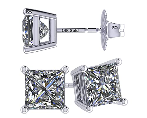 Central Diamond Center مركز الماس المركزي أقراط دراسات قطع الأميرة من الذهب عيار 14 قيراط وفضة استرلينية مزينة بكريستال سواروفسكي - 5.0 مم 1.50 قيراط - مطلية بالبلاتين - Image 1