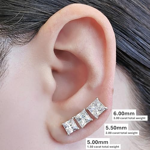 Central Diamond Center مركز الماس المركزي أقراط دراسات قطع الأميرة من الذهب عيار 14 قيراط وفضة استرلينية مزينة بكريستال سواروفسكي - 5.0 مم 1.50 قيراط - مطلية بالبلاتين - Image 3