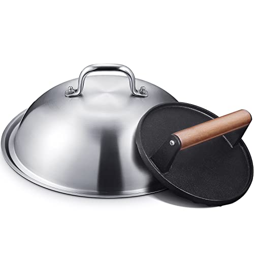 homenote Griddle Accessories for Blackstone, Commercial Grade 12 Inch Heavy Duty Melting Dome with Round Cast Iron Smash Burger Press Perfect for Flat Top Hibachi Grill Outdoor Indoor - Image 1