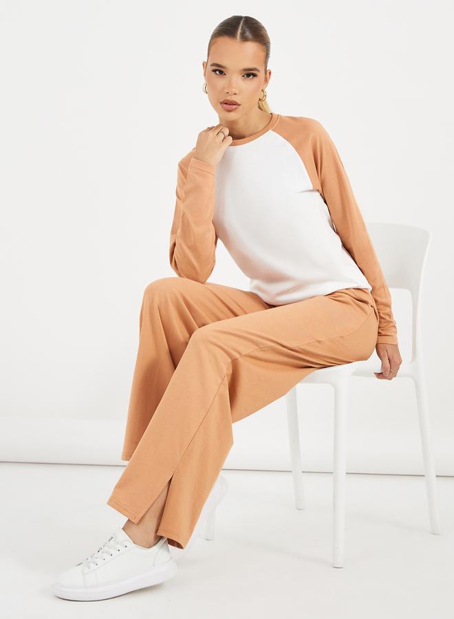 Styli Contrast Raglan Long Sleeve T-Shirt & Wide Leg Joggers Co-Ords  - Image 1