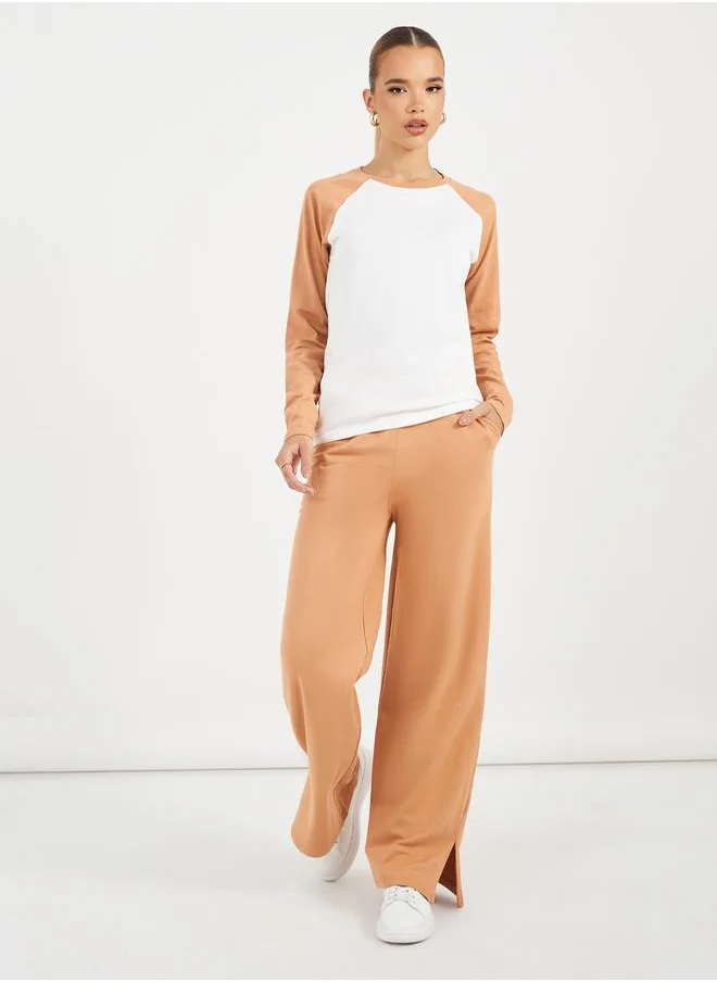 Styli Contrast Raglan Long Sleeve T-Shirt & Wide Leg Joggers Co-Ords