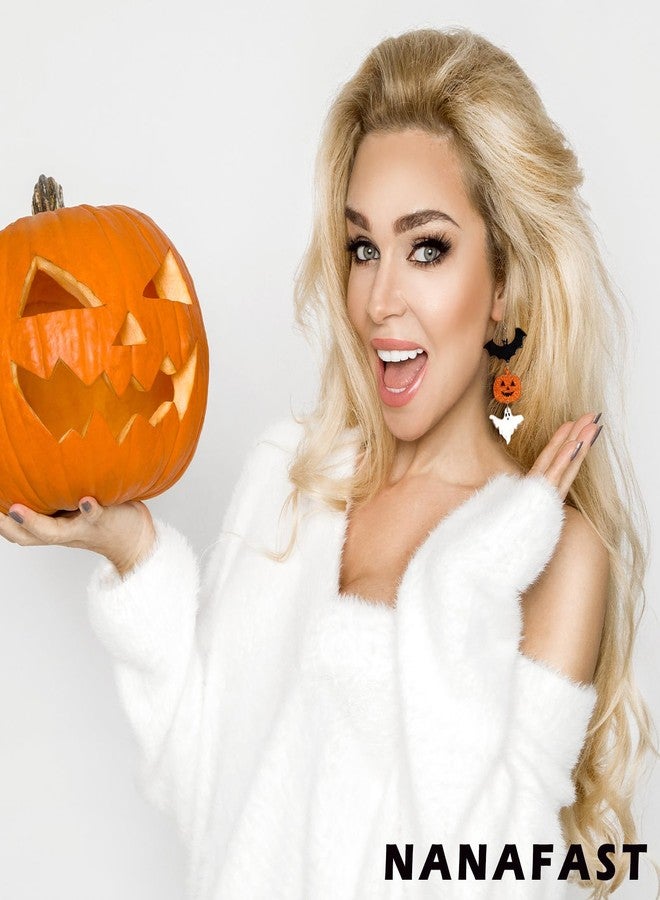 Nanafast Spooky Halloween Earrings for Women Bat Pumpkin Ghost Spiderweb Acrylic Dangle Earrings Halloween Gifts for Holiday Costume Party-Bat&Pumpkin&Ghost - Image 2