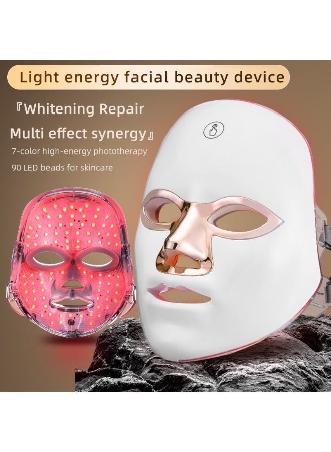 قناع الوجه للعلاج بالضوء بتقنية LED بسبعة ألوان مزود بـ 90 مصباح LED وجهاز تجميل منزلي من السيليكون بتصميم أبيض بحواف ذهبية لمكافحة التجاعيد وعلاج حب الشباب وتفتيح وتجديد البشرة - Image 2