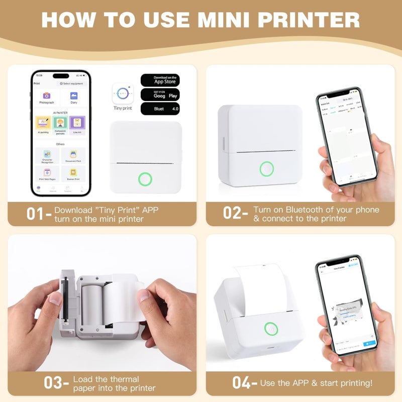 Mini Printer: 800mAh Rechargeable Battery, Bluetooth 5.0 One-Click Printing - Inkless Thermal Printer with 10 Rolls Paper for Travel, Students, DIY Enthusiasts & On-The-Go Use - Image 2