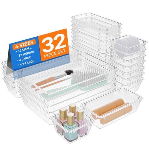 StorMiracle 32 PCS Clear Plastic Drawer Organizer Set 4Size vanity organizer Trays and Storage Bins for Makeup Jewelry and Gadgets in Bedroom Bathroom and Office Clear - Image 1