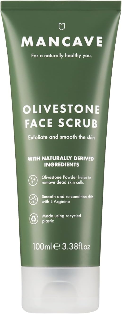 ManCave Olivestone Face Scrub 100ml Exfoliates Smoothes Fight dullness and deadskin build up Natural effective smoothing exfoliants using Olive Stone Particles Vegan Made in England