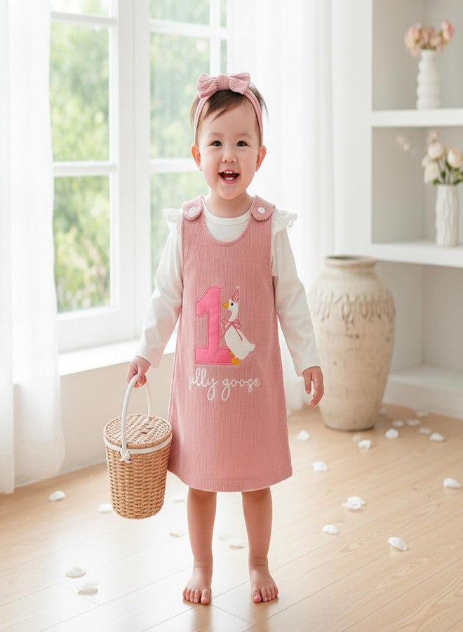 Lenjindjer Baby Girl First Birthday Outfit Long Sleeve Romper One Silly Goose Corduroy Overall Skirt Headband Fall Clothes (Pink, 6-12 Months) - Image 4
