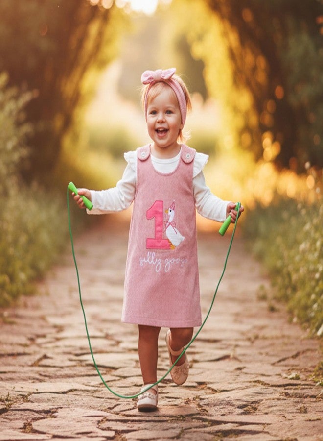 Lenjindjer Baby Girl First Birthday Outfit Long Sleeve Romper One Silly Goose Corduroy Overall Skirt Headband Fall Clothes (Pink, 6-12 Months) - Image 3