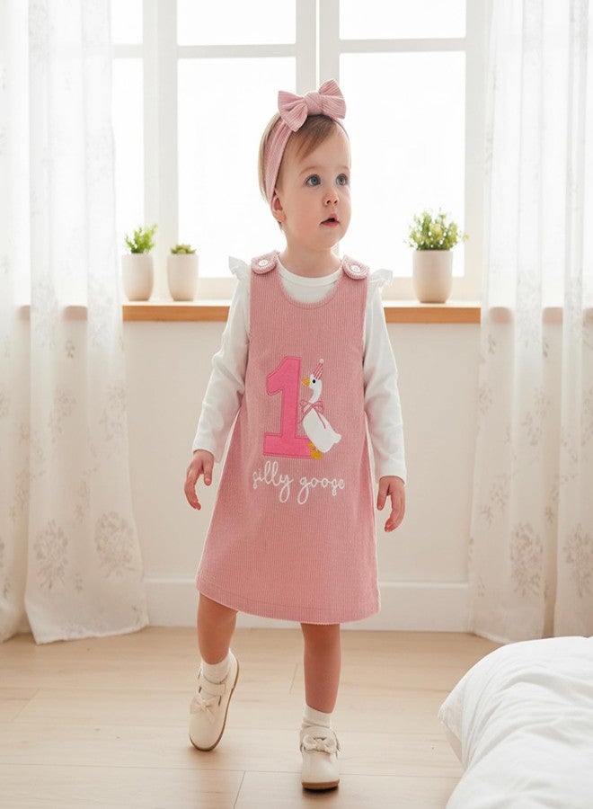 Lenjindjer Baby Girl First Birthday Outfit Long Sleeve Romper One Silly Goose Corduroy Overall Skirt Headband Fall Clothes (Pink, 6-12 Months) - Image 2