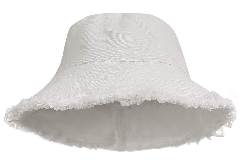 FGSS Womens Bucket-Hat Distressed Sun-Protection Washed-Cotton - Summer Wide Brim Beach Cap(7 1/8 Size) (White 01) - Image 1
