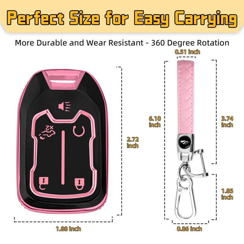 FT FUNTOR 5 Buttons Key Fob Cover with Leather Keychain for GMC, Premium TPU Case for Acadia, Tahoe, Terrain, Sierra, Silverado, 2500HD, 3500HD (Pink) - Image 2