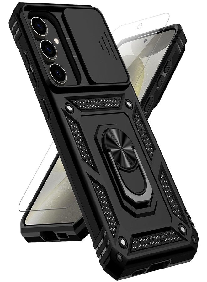 PUSHIMEI for Samsung Galaxy S24 FE Case with Slide Camera Cover HD Screen Protector [Military Grade 16ft. Drop Tested] Magnetic Ring Holder Kickstand Protective Phone Case for Galaxy S24 FE 5G 2024, Black - Image 1
